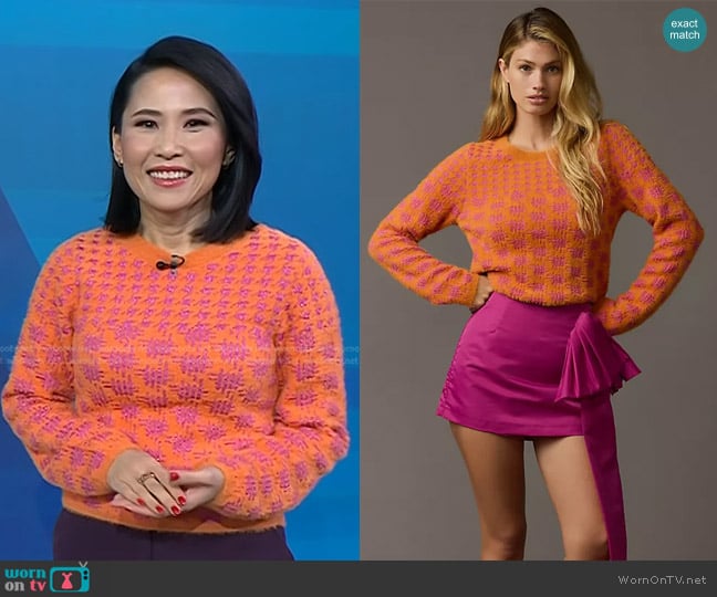 Maeve Houndstooth Fuzzy Cropped Sweater in Orange worn by Vicky Nguyen on Today Maeve Houndstooth Fuzzy Cropped Sweater in Orange worn by Vicky Nguyen on Today