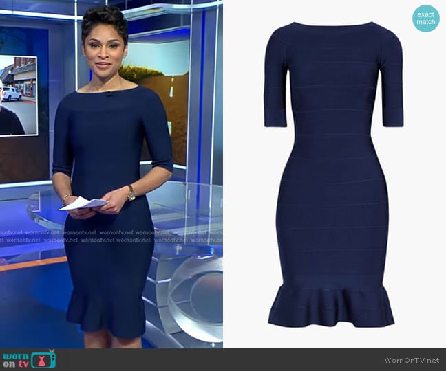 Herve Leger Fluted Bandage Dress worn by Jericka Duncan on CBS Evening News