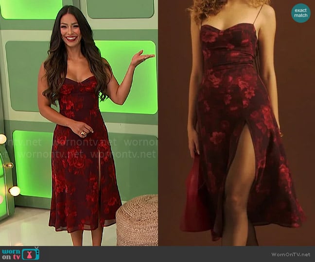 Reformation Juliette Dress in Sanguine worn by Manuela Arbeláez on The Price is Right Reformation Juliette Dress in Sanguine worn by Manuela Arbeláez on The Price is Right