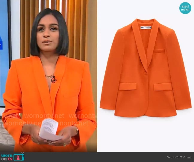 Zara Belted Tuxedo Collar Blazer in Orange worn by Shanelle Kaul on CBS Mornings Zara Belted Tuxedo Collar Blazer in Orange worn by Shanelle Kaul on CBS Mornings