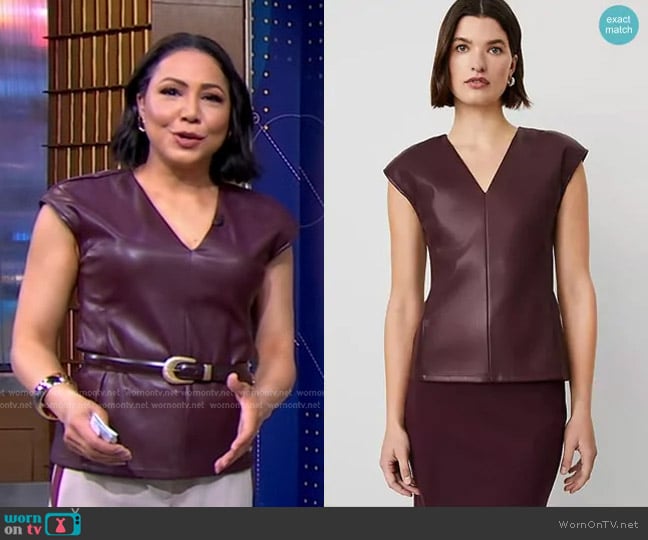 Ann Taylor Faux Leather V-Neck Cap Sleeve Top in Mauve Rose worn by Stephanie Ramos on Good Morning America Ann Taylor Faux Leather V-Neck Cap Sleeve Top in Mauve Rose worn by Stephanie Ramos on Good Morning America