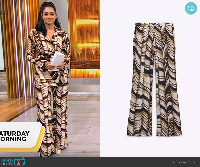 Zara High Waisted Marble Printed Flare Pants worn by Shanelle Kaul on CBS Mornings Zara High Waisted Marble Printed Flare Pants worn by Shanelle Kaul on CBS Mornings
