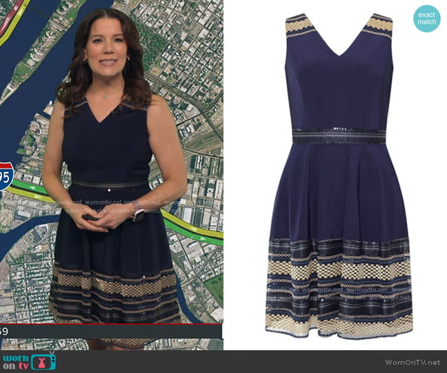 Tahari Navy and Gold Embellished Dress worn by Heather O’Rourke on Good Morning America Tahari Navy and Gold Embellished Dress worn by Heather O’Rourke on Good Morning America
