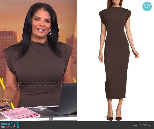 Antonio Melani Harper Dropped Cap Sleeve Midi Sheath Dress in Chocolage worn by Darlene Rodriguez on Today Antonio Melani Harper Dropped Cap Sleeve Midi Sheath Dress in Chocolage worn by Darlene Rodriguez on Today