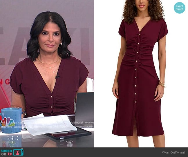 Kensie Short Sleeve V-Neck Ruched Button Midi Dress in Bordeaux worn by Darlene Rodriguez on Today Kensie Short Sleeve V-Neck Ruched Button Midi Dress in Bordeaux worn by Darlene Rodriguez on Today