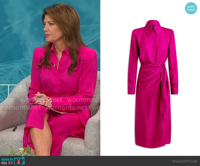 Scanlan Theodore Silk Jacquard Wrap Dress in Pink worn by Norah O'Donnell on CBS Mornings