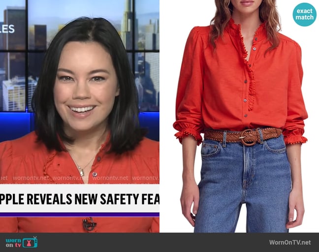 Boden Emily Top in Aurora Red worn by Jo Ling Kent on CBS Mornings Boden Emily Top in Aurora Red worn by Jo Ling Kent on CBS Mornings