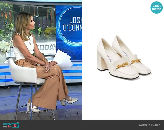 Jimmy Choo Diamond Tilda 85mm Leather Pumps in Latte worn by Savannah Guthrie on Today Jimmy Choo Diamond Tilda 85mm Leather Pumps in Latte worn by Savannah Guthrie on Today