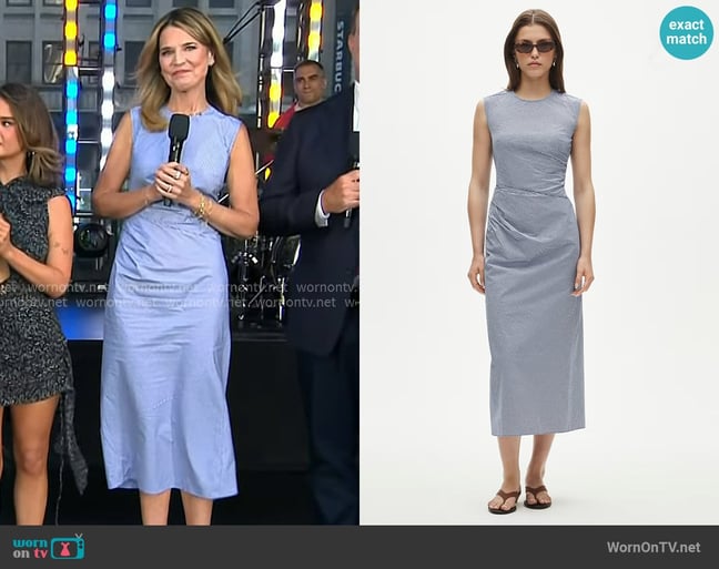 J. Crew Ruched Midi Dress in stretch cotton-blend poplin worn by Savannah Guthrie on Today