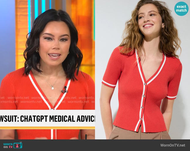 Toccin V-Neck Short Sleeve Cardigan worn by Jo Ling Kent on CBS Mornings