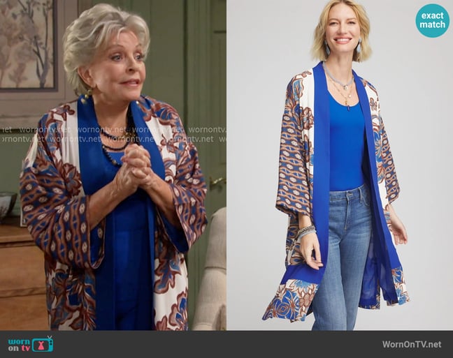 Chico's Crepe Long Printed Kimono worn by Julie Olson Williams (Susan Seaforth Hayes) on Days of our Lives Chico's Crepe Long Printed Kimono worn by Julie Olson Williams (Susan Seaforth Hayes) on Days of our Lives