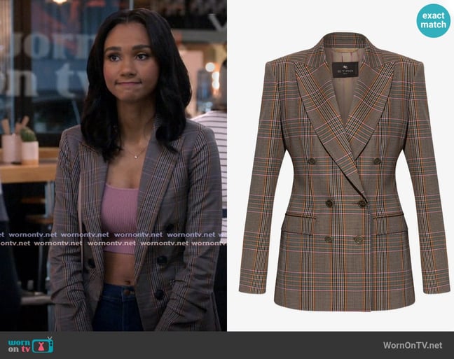 Etro Checked double-breasted blazer worn by Layla Keating (Greta Onieogou) on All American Etro Checked double-breasted blazer worn by Layla Keating (Greta Onieogou) on All American