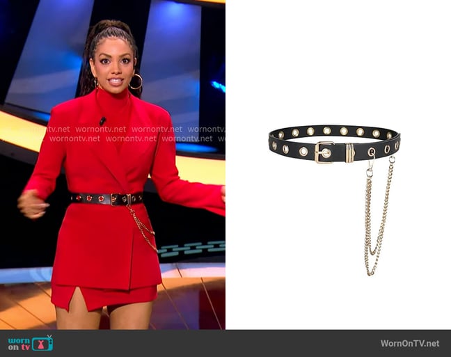 Fioretto Grommet Leather Belt with Detachable Chain worn by Corinne Foxx on Beat Shazam Fioretto Grommet Leather Belt with Detachable Chain worn by Corinne Foxx on Beat Shazam