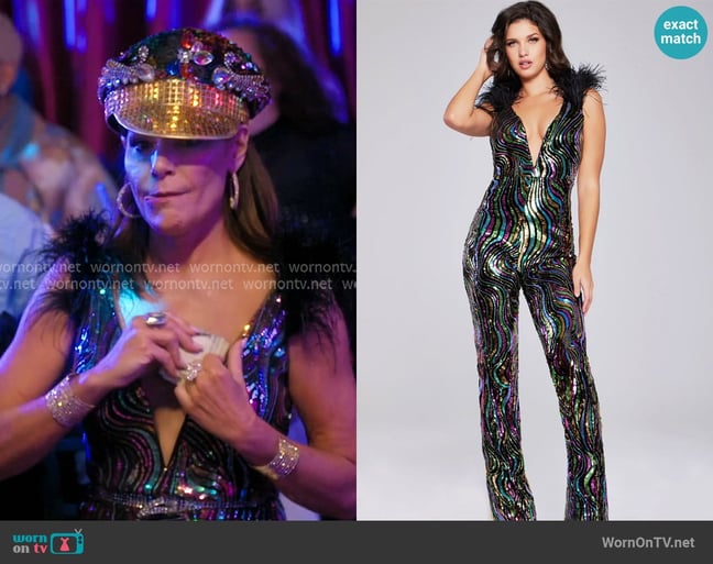 Jovani Feathered Embellished Jumpsuit worn by Luann de Lesseps on The Real Housewives Ultimate Girls Trip Jovani Feathered Embellished Jumpsuit worn by Luann de Lesseps on The Real Housewives Ultimate Girls Trip