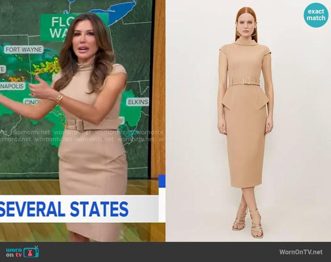 Karen Millen Structured Crepe Roll Neck Peplum Belted Midi Dress in Camel worn by Leslie Lopez on Good Morning America Karen Millen Structured Crepe Roll Neck Peplum Belted Midi Dress in Camel worn by Leslie Lopez on Good Morning America