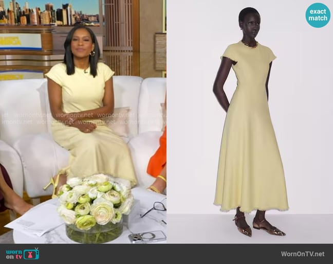 Me + Em Bias Cut Maxi Dress in Dusted Lemon Yellow worn by Rachel Scott on Good Morning America Me + Em Bias Cut Maxi Dress in Dusted Lemon Yellow worn by Rachel Scott on Good Morning America