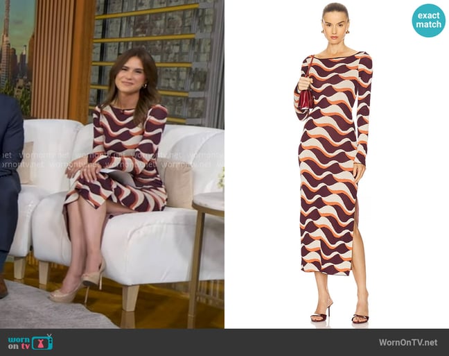 Misa Los Angeles Cassie Dress in Wavy Stripe worn by Sophie Flay on Good Morning America Misa Los Angeles Cassie Dress in Wavy Stripe worn by Sophie Flay on Good Morning America