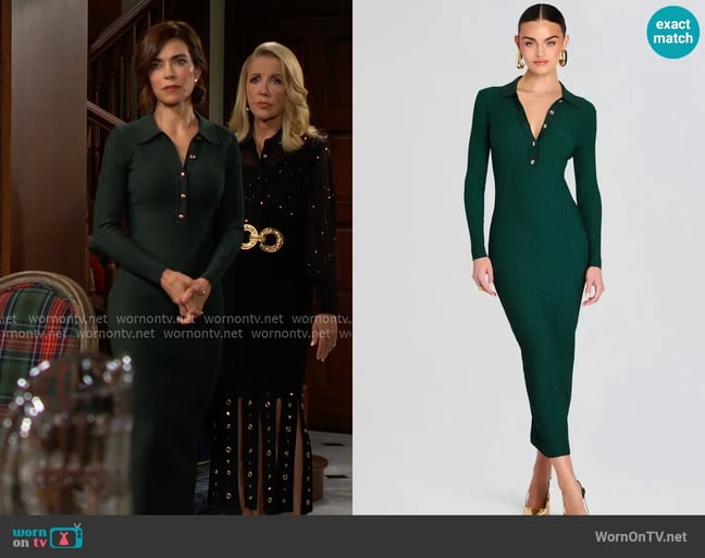 Retrofete Buffy Dress in Metallic Pine worn by Victoria Newman (Amelia Heinle) on The Young and the Restless