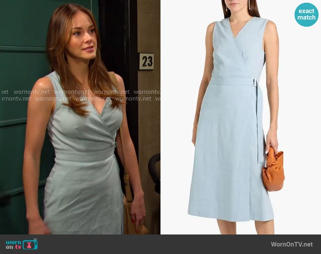 Theory Linen-blend Midi Wrap Dress in sky blue worn by Stephanie Johnson (Abigail Klein) on Days of our Lives Theory Linen-blend Midi Wrap Dress in sky blue worn by Stephanie Johnson (Abigail Klein) on Days of our Lives