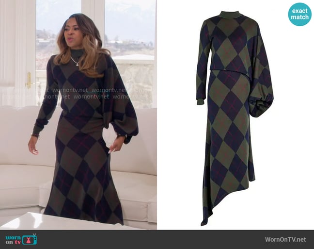 A.W.A.K.E. MODE Argyle Asymmetric Knit Dress worn by Mary Cosby on The Real Housewives of Salt Lake City A.W.A.K.E. MODE Argyle Asymmetric Knit Dress worn by Mary Cosby on The Real Housewives of Salt Lake City