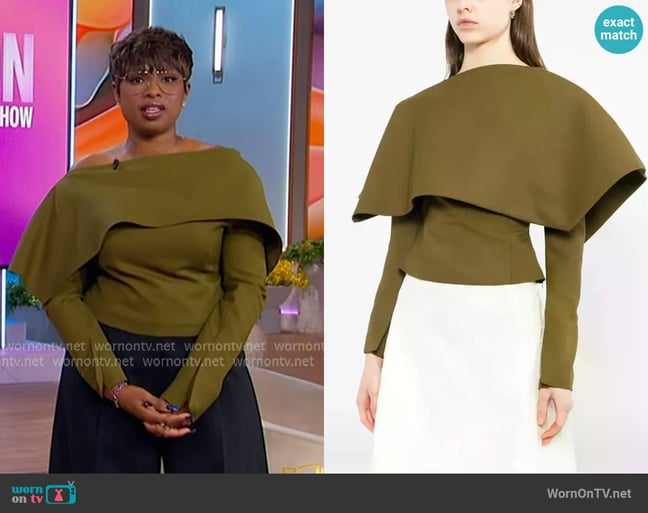 A.W.A.K.E MODE khaki asymmetrical collar top worn by Jennifer Hudson on The Jennifer Hudson Show A.W.A.K.E MODE khaki asymmetrical collar top worn by Jennifer Hudson on The Jennifer Hudson Show