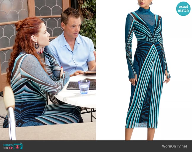 AFRM Shailene Dress in Aqua Animal worn by Sally Spectra (Courtney Hope) on The Young and the Restless