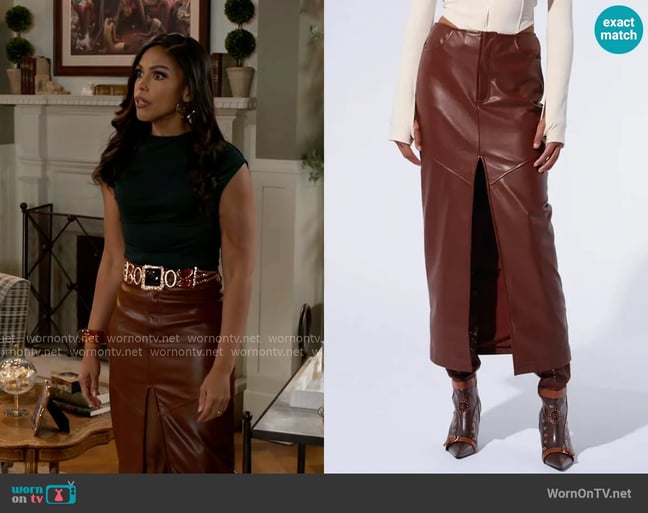 Akira Earned It Faux Leather Maxi Skirt worn by Dani Dupree (Karla Mosley) on Beyond the Gates Akira Earned It Faux Leather Maxi Skirt worn by Dani Dupree (Karla Mosley) on Beyond the Gates