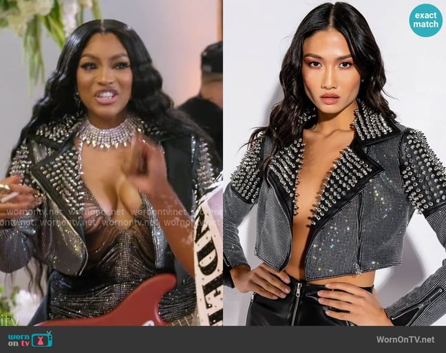 Akira Rhinestone Bomb Crop Moto Jacket worn by Drew Sidora on The Real Housewives Ultimate Girls Trip Akira Rhinestone Bomb Crop Moto Jacket worn by Drew Sidora on The Real Housewives Ultimate Girls Trip