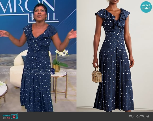 Alessandra Rich Pleated gathered polka-dot silk crepe de chine midi dress worn by Tamron Hall on Tamron Hall Show Alessandra Rich Pleated gathered polka-dot silk crepe de chine midi dress worn by Tamron Hall on Tamron Hall Show