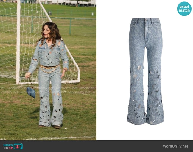 Alice + Olivia Chic Eyelet Jean in Rockstar Blue worn by Esmeralda Grand (Sabrina Impacciatore) on The Paper Alice + Olivia Chic Eyelet Jean in Rockstar Blue worn by Esmeralda Grand (Sabrina Impacciatore) on The Paper