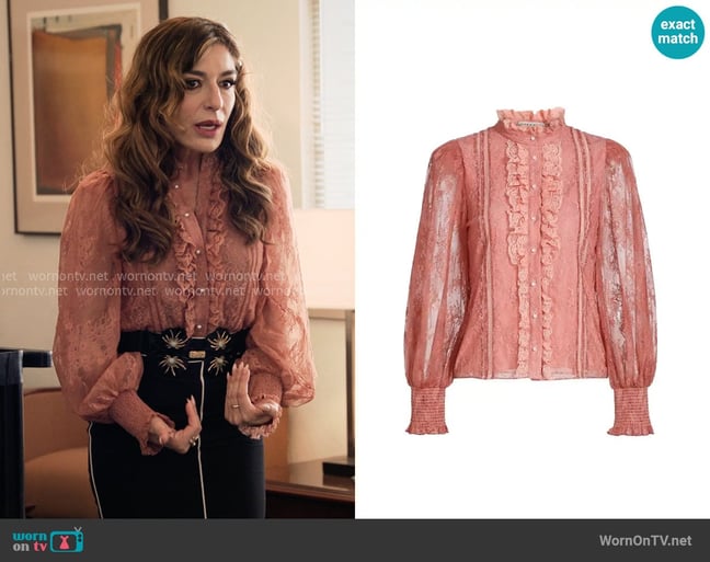 Alice + Olivia Eugenia Blouse in Bohemian Rose worn by Esmeralda Grand (Sabrina Impacciatore) on The Paper Alice + Olivia Eugenia Blouse in Bohemian Rose worn by Esmeralda Grand (Sabrina Impacciatore) on The Paper