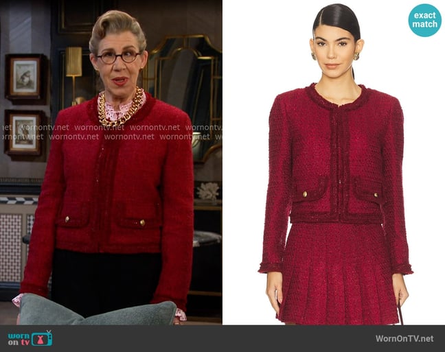 Alice + Olivia Landon Cropped Box Jacket With Trim in Oxblood worn by Rita Beacon (Maggie Carney) on Days of our Lives Alice + Olivia Landon Cropped Box Jacket With Trim in Oxblood worn by Rita Beacon (Maggie Carney) on Days of our Lives