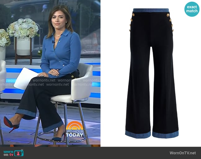 Alice + Olivia Narin Button-Front Wide-Leg Crop Pants in Black Liana Blue worn by Chloe Melas on Today