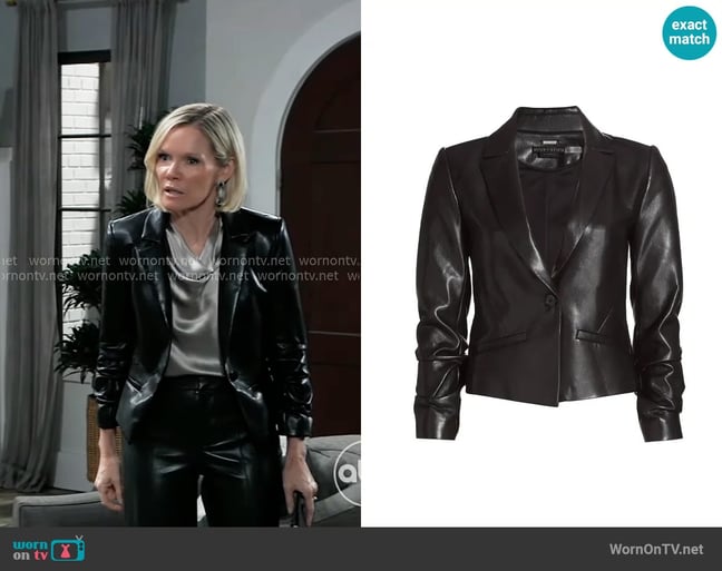 Alice + Olivia Vinnie Faux Leather Blazer worn by Ava Jerome (Maura West) on General Hospital Alice + Olivia Vinnie Faux Leather Blazer worn by Ava Jerome (Maura West) on General Hospital