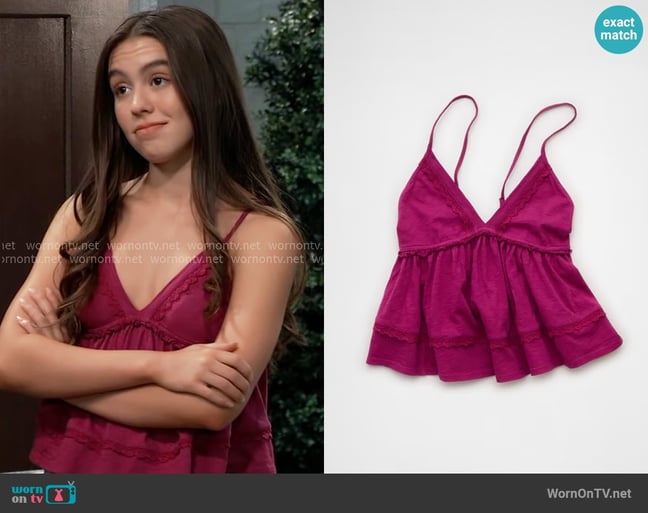 American Eagle Sunchaser Lace Trim Babydoll Tank Top in Plum worn by Scout Cain (Kayden Tokarski) on General Hospital American Eagle Sunchaser Lace Trim Babydoll Tank Top in Plum worn by Scout Cain (Kayden Tokarski) on General Hospital