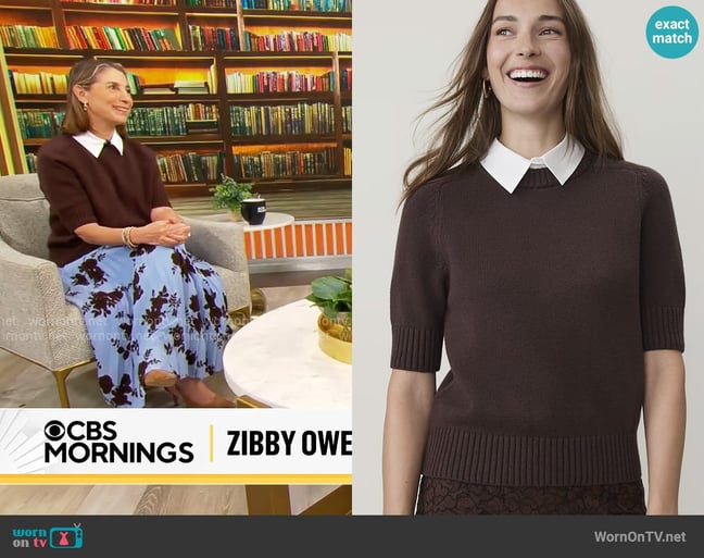Ann Taylor Collared Sweater Tee in French Mocha worn by Zibby Owens on CBS Mornings