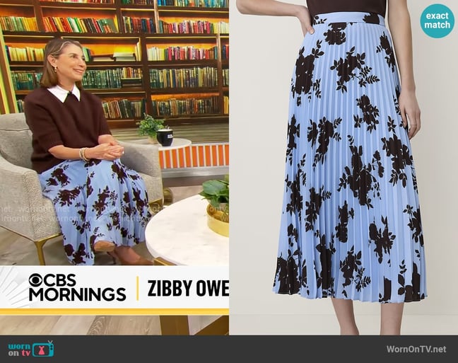 Ann Taylor Floral Pleated Midi Skirt in Cheerful Blue worn by Zibby Owens on CBS Mornings