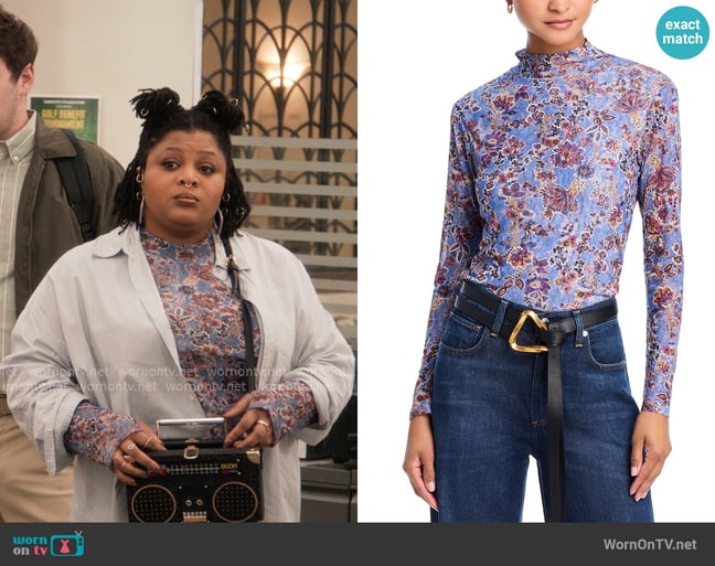Aqua Floral Mesh Mock Neck Top worn by Adelola Olofin (Gbemisola Ikumelo) on The Paper