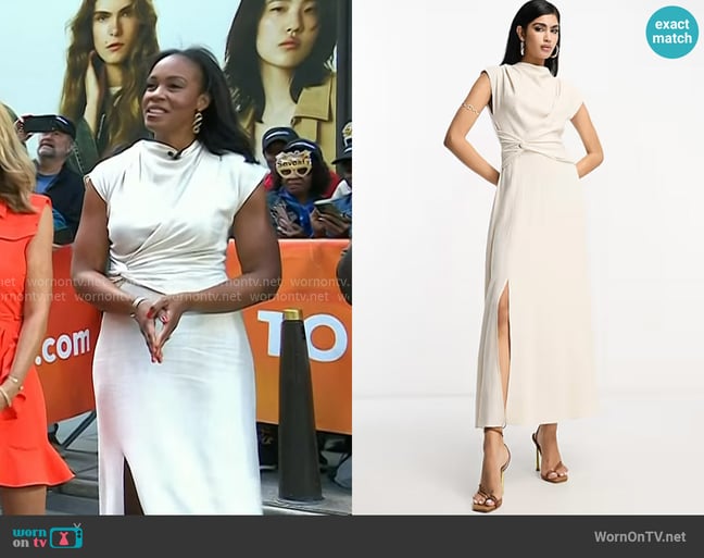Asos Linen High Neck Twist Front Midi Dress in natural worn by Blayne Alexander on Today Asos Linen High Neck Twist Front Midi Dress in natural worn by Blayne Alexander on Today
