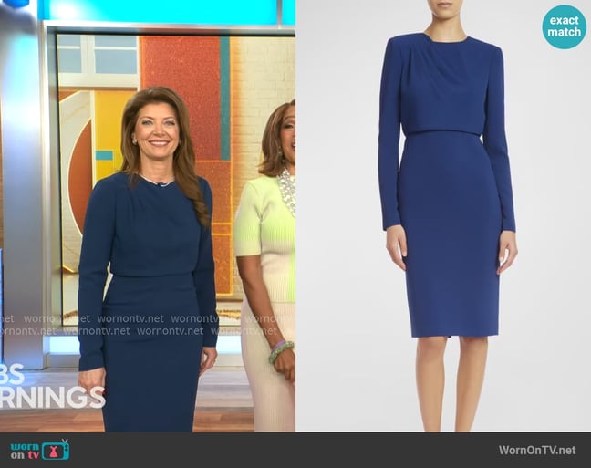 Badgley Mischka Draped Long-Sleeve Bodycon Midi Dress worn by Norah O'Donnell on CBS Mornings Badgley Mischka Draped Long-Sleeve Bodycon Midi Dress worn by Norah O'Donnell on CBS Mornings