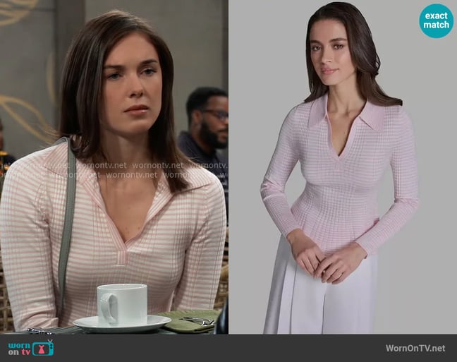 Bcbg Collared Striped Polo Top in Blush Mirage/Whisper White worn by Willow Tait (Katelyn MacMullen) on General Hospital Bcbg Collared Striped Polo Top in Blush Mirage/Whisper White worn by Willow Tait (Katelyn MacMullen) on General Hospital