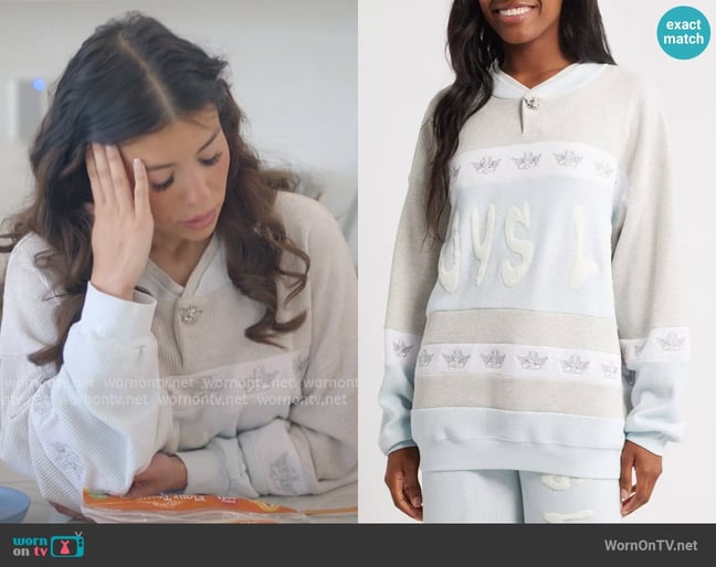 Boys Lie Baby Blue Private School Rider Waffle Knit Sweatshirt worn by Jen Affleck on The Secret Lives of Mormon Wives Boys Lie Baby Blue Private School Rider Waffle Knit Sweatshirt worn by Jen Affleck on The Secret Lives of Mormon Wives