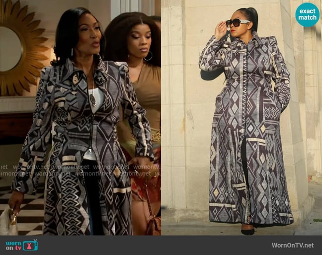 Bronzeville Boutique By Lady Mocha Aztec Coat Dress worn by Dana 'Leslie' Thomas (Trisha Mann-Grant) on Beyond the Gates Bronzeville Boutique By Lady Mocha Aztec Coat Dress worn by Dana 'Leslie' Thomas (Trisha Mann-Grant) on Beyond the Gates