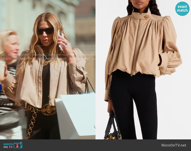 Chloe Gathered Cropped Cotton Canvas Jacket worn by Daisy Toye on The Real Housewives of New York City Chloe Gathered Cropped Cotton Canvas Jacket worn by Daisy Toye on The Real Housewives of New York City