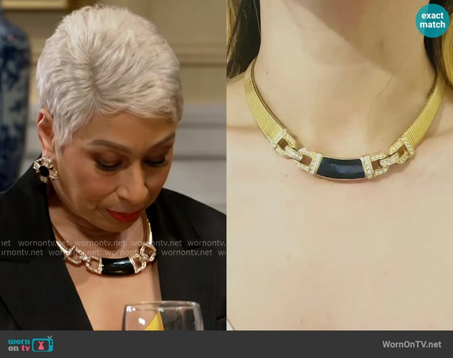 Christian Dior Vintage Rare Black Gold Crystal Ribbed Interlocked Omega Necklace worn by Anita Dupree (Tamara Tunie) on Beyond the Gates