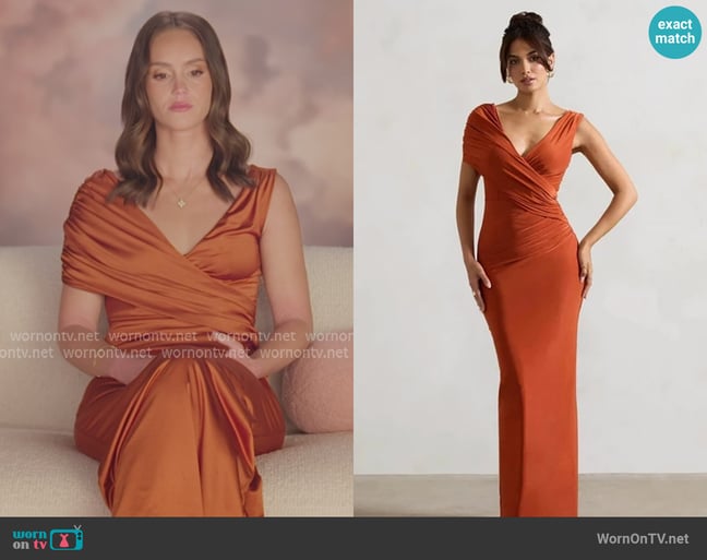 Club L London Capella Rust Asymmetric Wrap Maxi Dress worn by Mikayla Matthews on The Secret Lives of Mormon Wives Club L London Capella Rust Asymmetric Wrap Maxi Dress worn by Mikayla Matthews on The Secret Lives of Mormon Wives