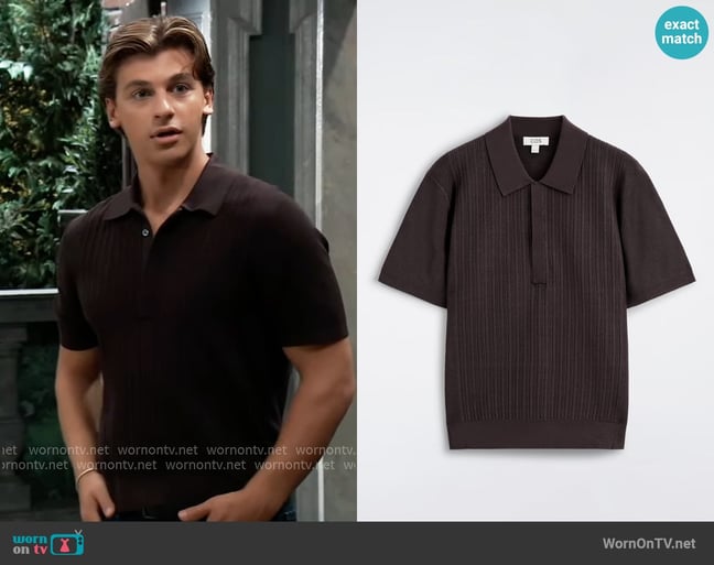 Cos Textured Panel Cotton Polo Shirt in Dark Brown worn by Gio Palmieri (Giovanni Mazza) on General Hospital Cos Textured Panel Cotton Polo Shirt in Dark Brown worn by Gio Palmieri (Giovanni Mazza) on General Hospital