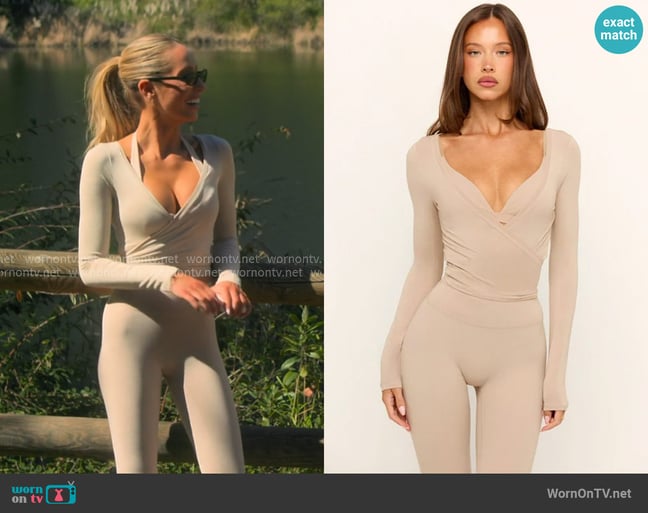 CSB Ballet Wrap Top in Fawn worn by Alix Earle on Earle Meets World