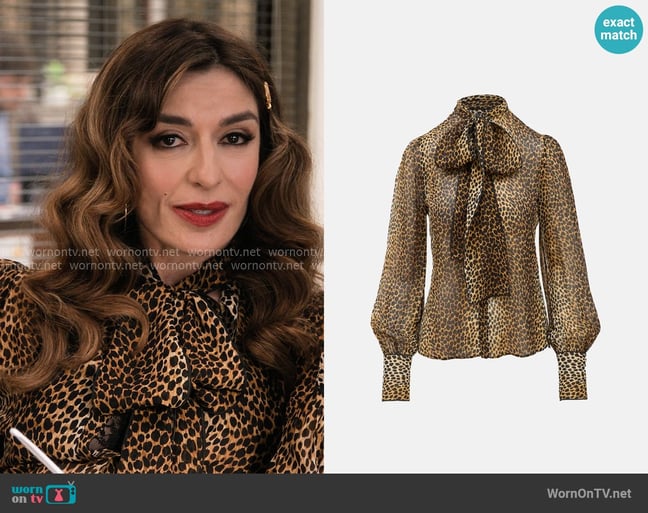 Dolce & Gabbana Printed Neck Tie Silk Blouse in Brown worn by Esmeralda Grand (Sabrina Impacciatore) on The Paper Dolce & Gabbana Printed Neck Tie Silk Blouse in Brown worn by Esmeralda Grand (Sabrina Impacciatore) on The Paper
