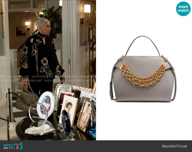 Donna Karan Plandome Chain Top Handle Leather Satchel in Cloud worn by Anita Dupree (Tamara Tunie) on Beyond the Gates